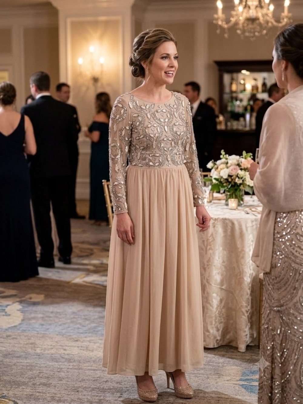 Aidan Mattox Champagne Beaded Long-Sleeve Evening Gown